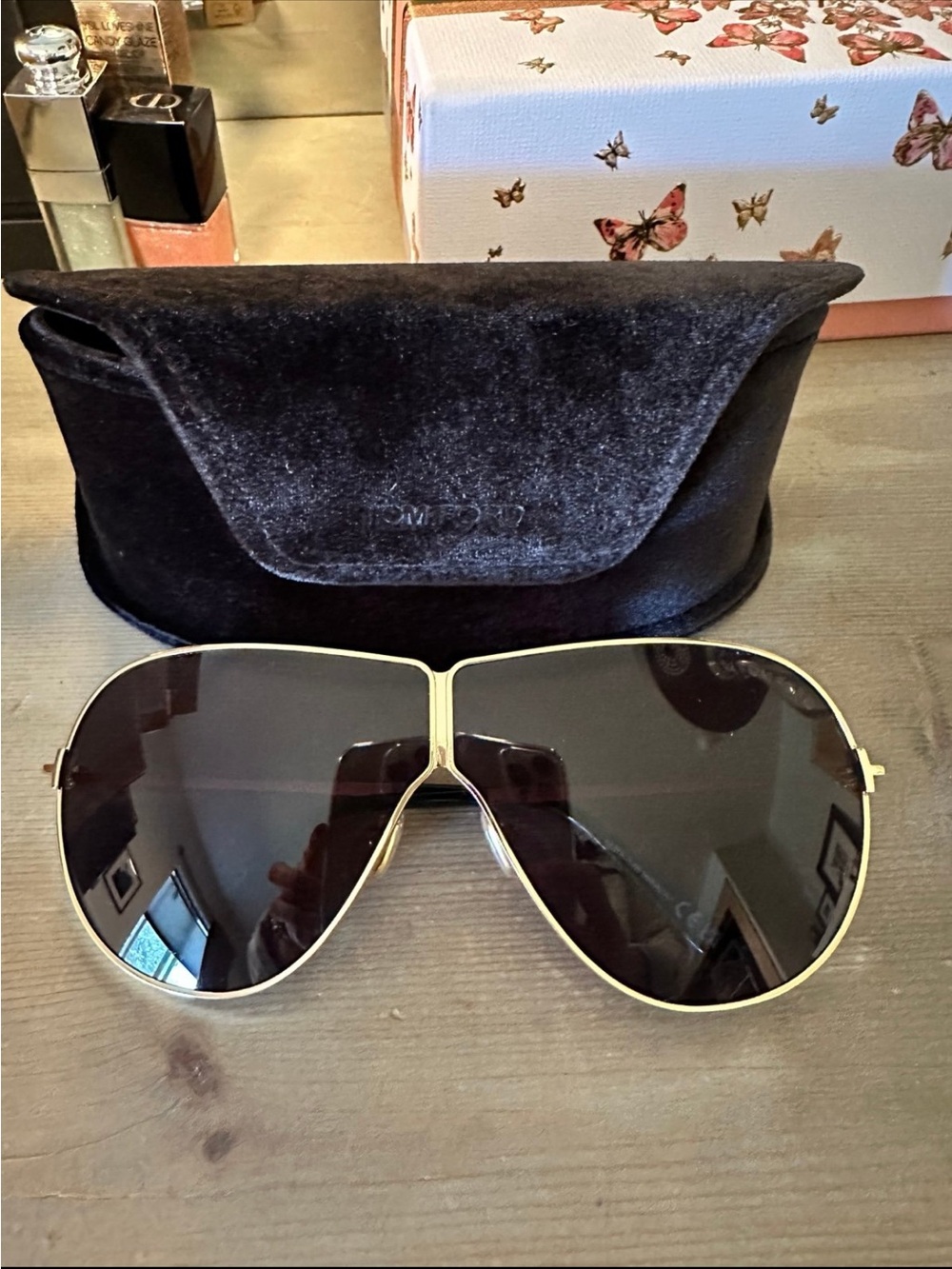 Tom Ford Women's Gold Frame Black Lens Aviator Sunglasses with Case